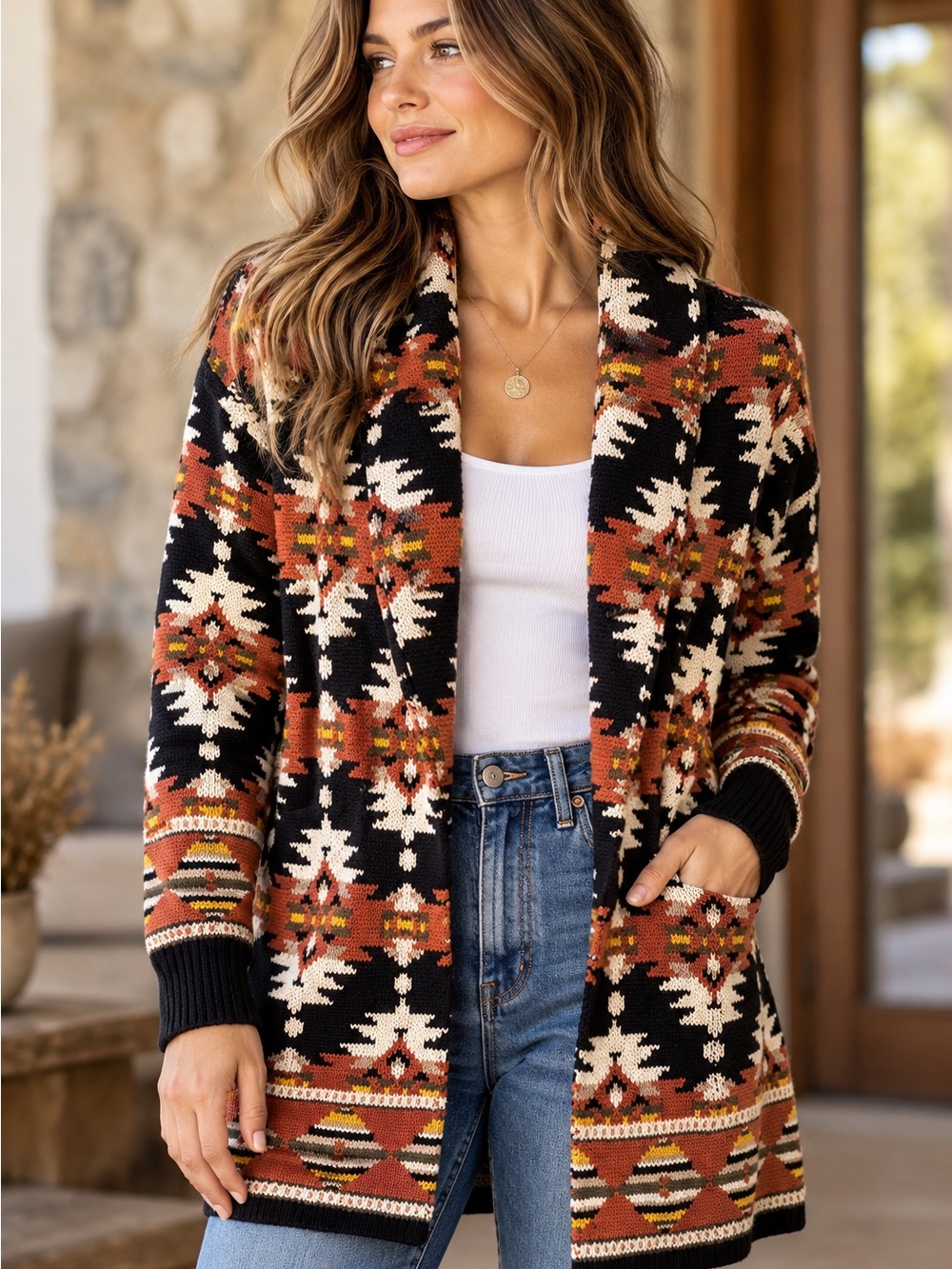 Lucky Brand Aztec Southwestern Open Front Cardigan Sweater Size Medium